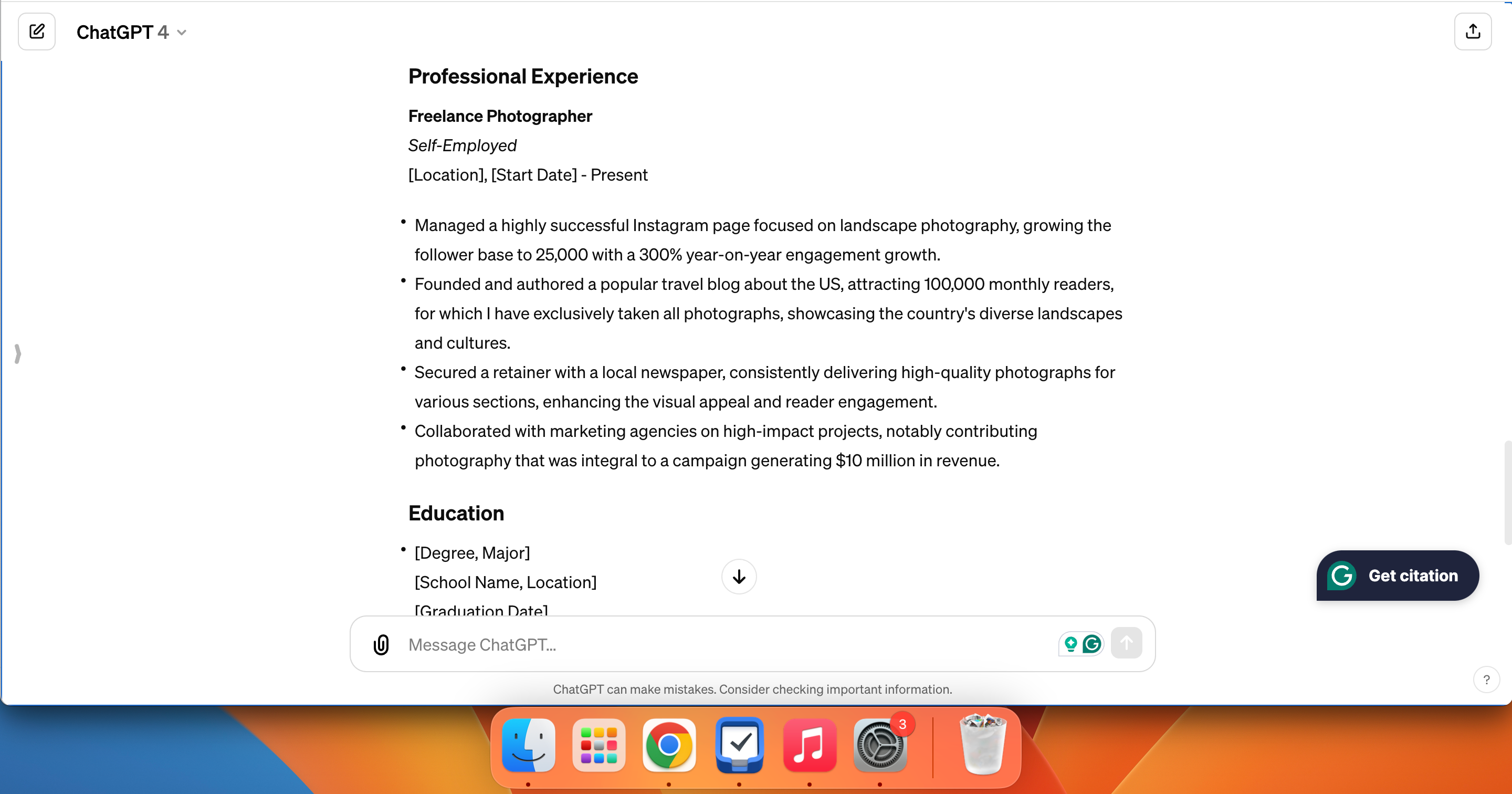 Professional Experience Outlined in a Resume With ChatGPT