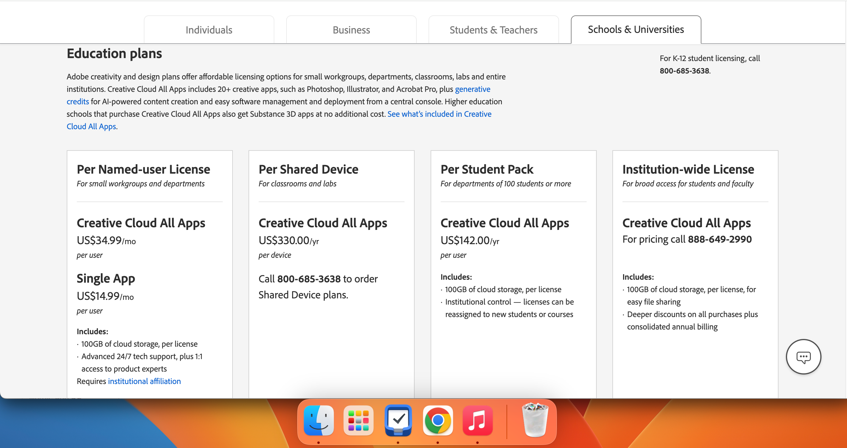 A list of the different Adobe CC All Apps pricing plans for educational institutions