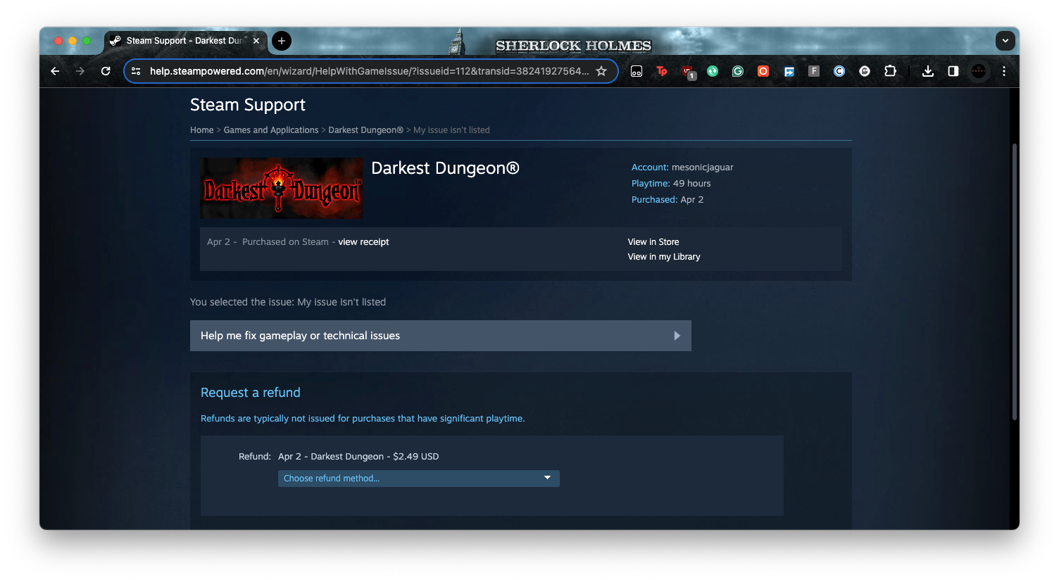 Steam Support's refund option on the web