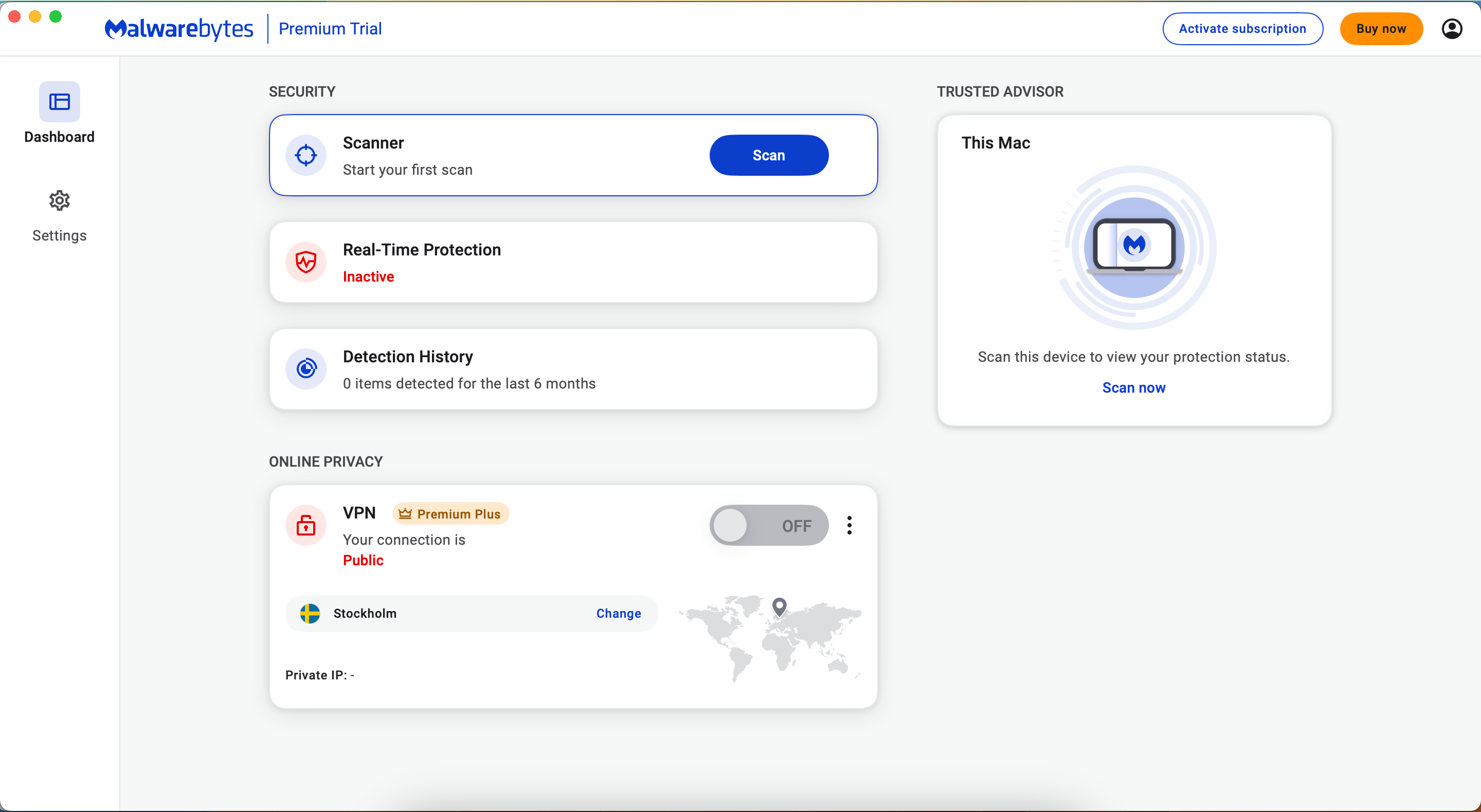 The user interface for Malwarebytes on a Mac