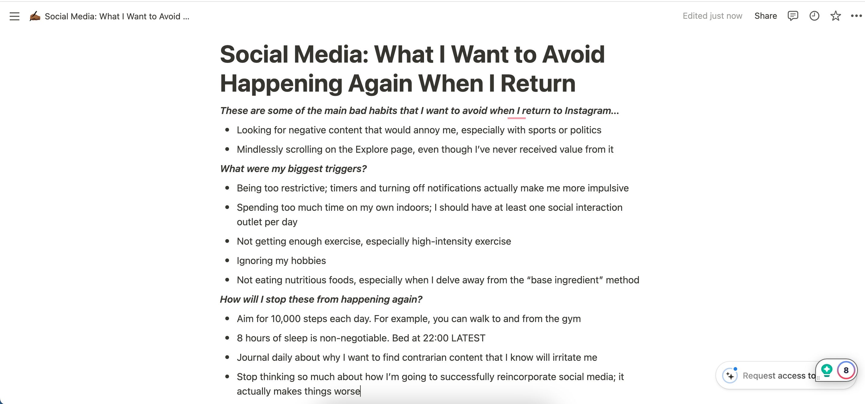 Journaling About Past Social Media Habits in Notion 