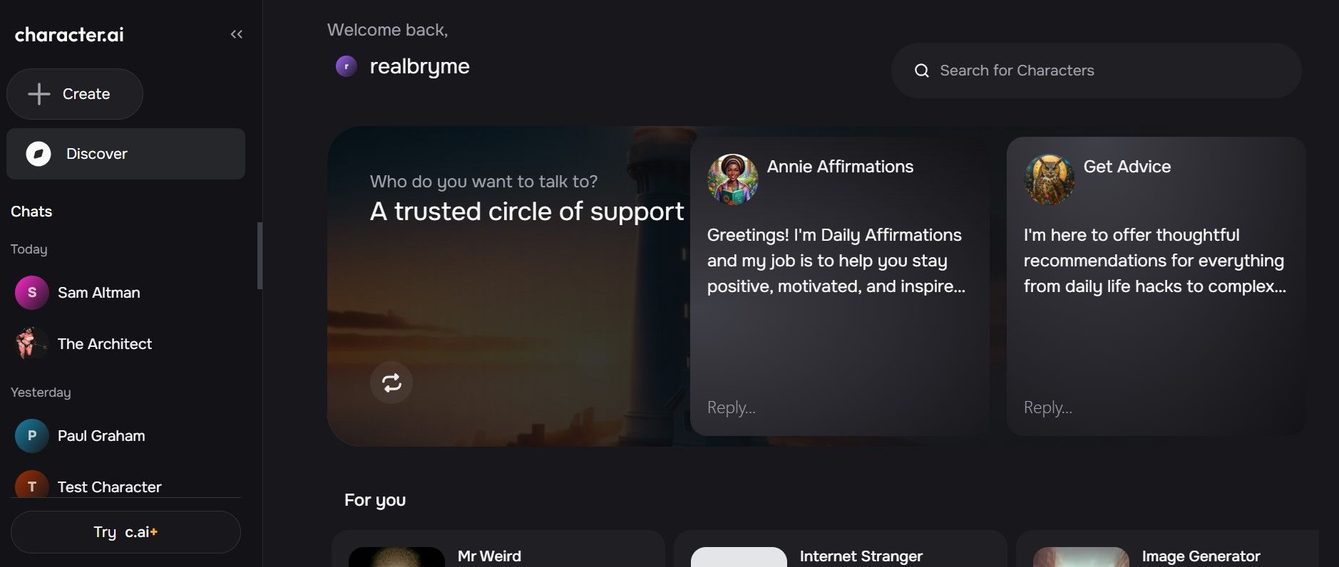 Screenshot of Character AI homepage