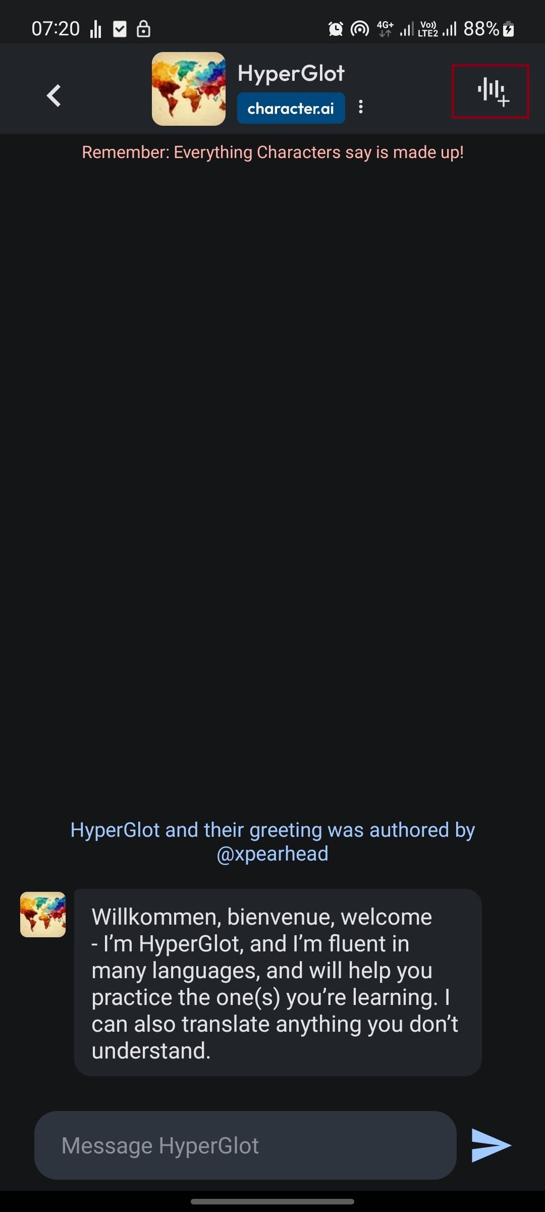 screenshot showing open chat in character ai