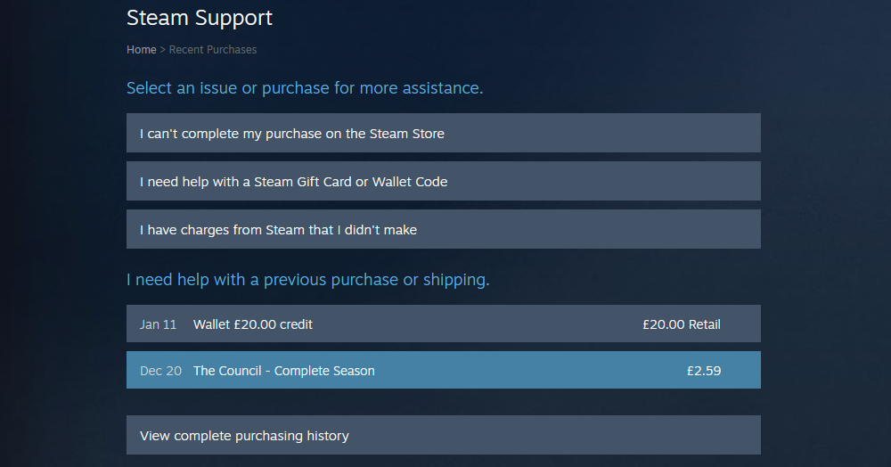 انتخاب یک بازی در پشتیبانی Steam.