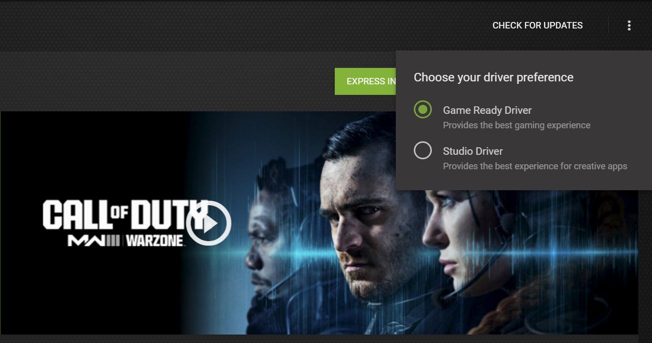 Selecting the driver in Nvidia GeForce Experience