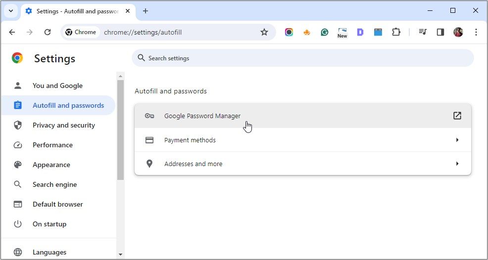 Selecting the Google Password Manager option on Chrome