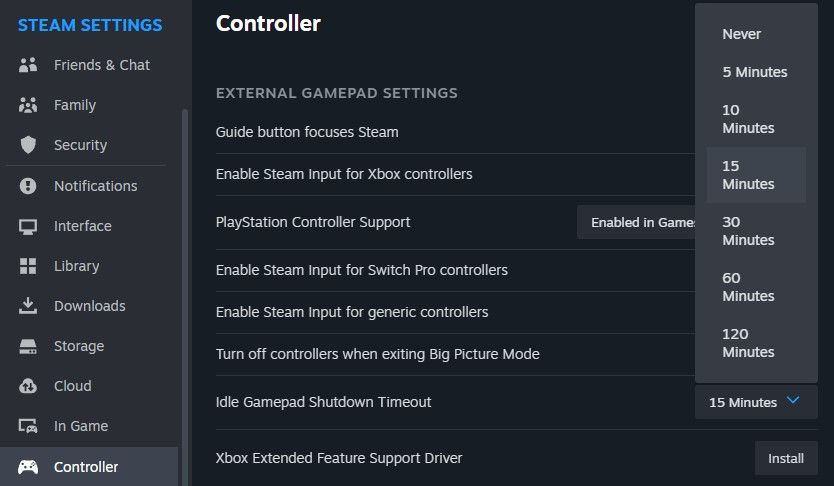 Setting idle timeout for controller in Steam