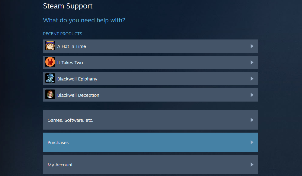 صفحه پشتیبانی Steam با مشخص شدن «خریدها».