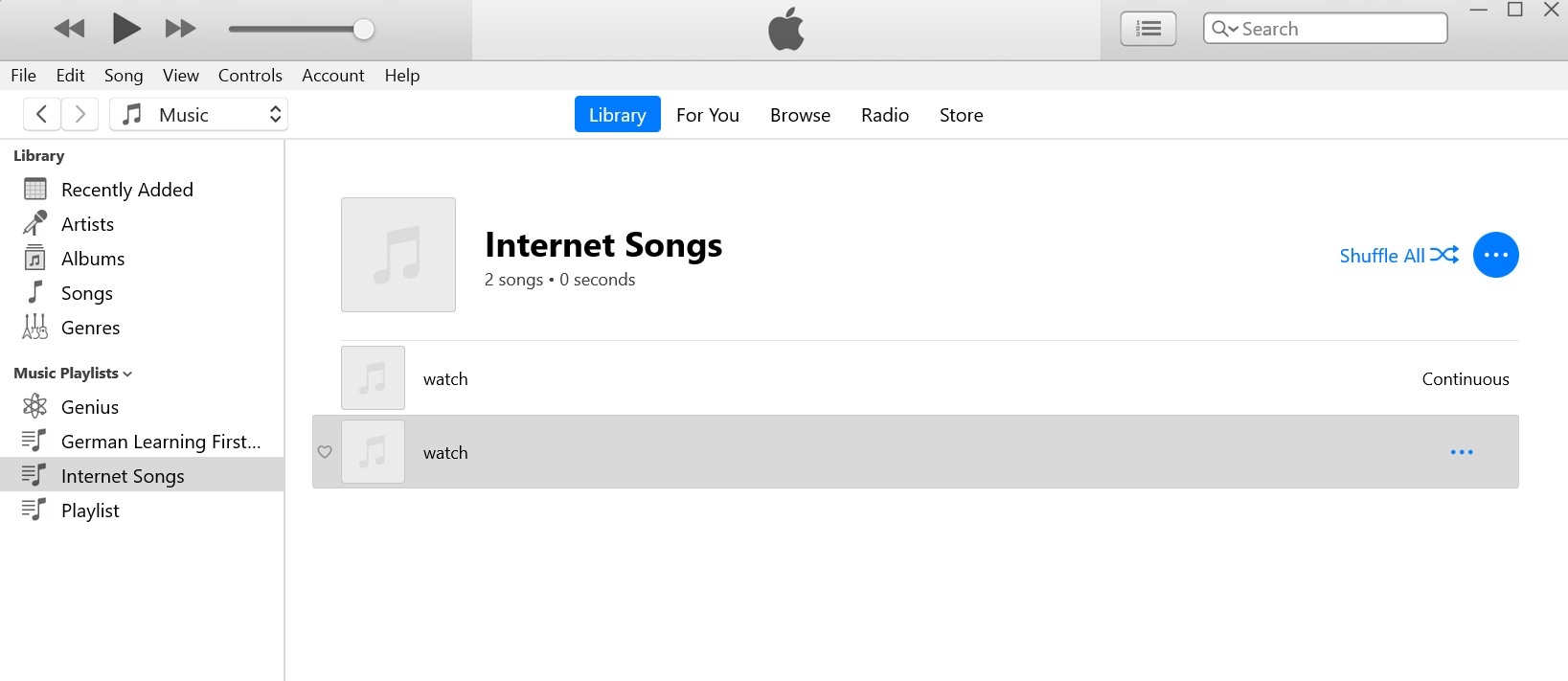 The homepage of the iTunes Windows App displaying a playlist