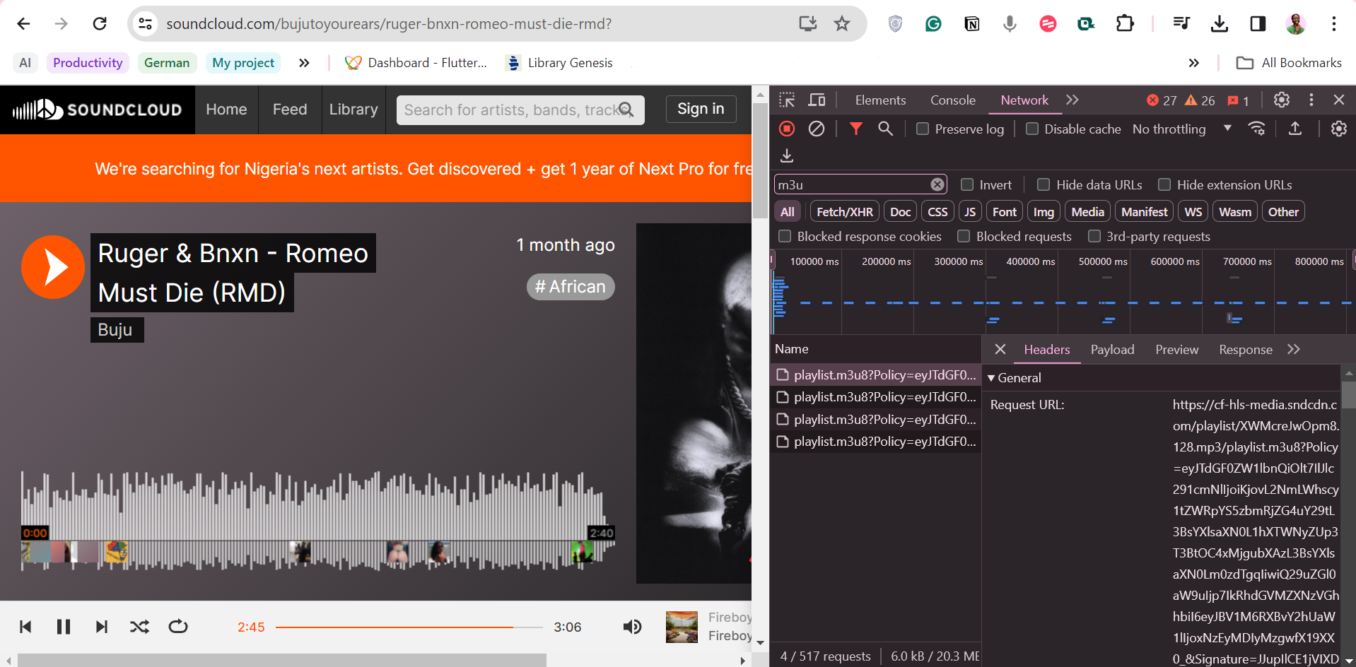 The request URL of a SoundCloud Track displayed in DevTool's network tab in Google Chrome