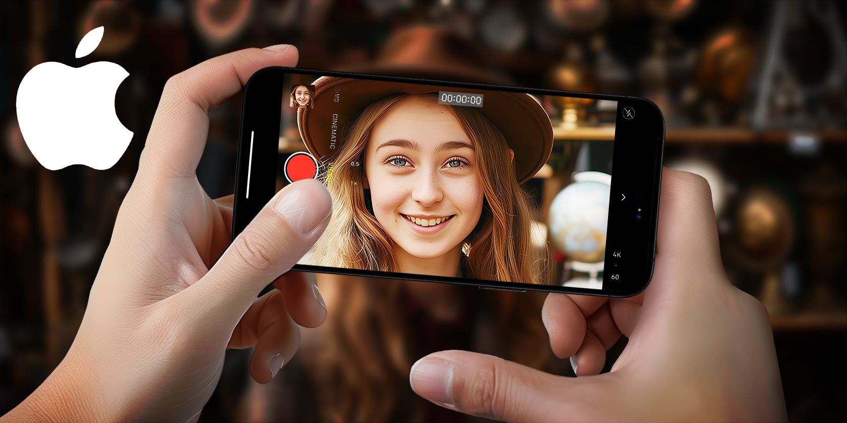 Hands holding a phone, taking a photo of a smiling girl with the camera interface visible