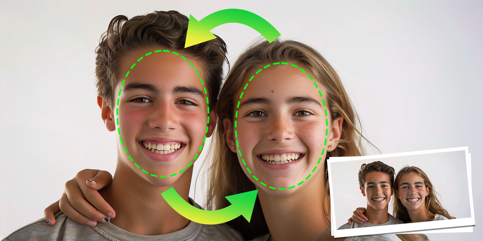A teenage boy and girl smiling with faces close together, highlighted by dashed lines and a circular arrow, suggesting face swap editing