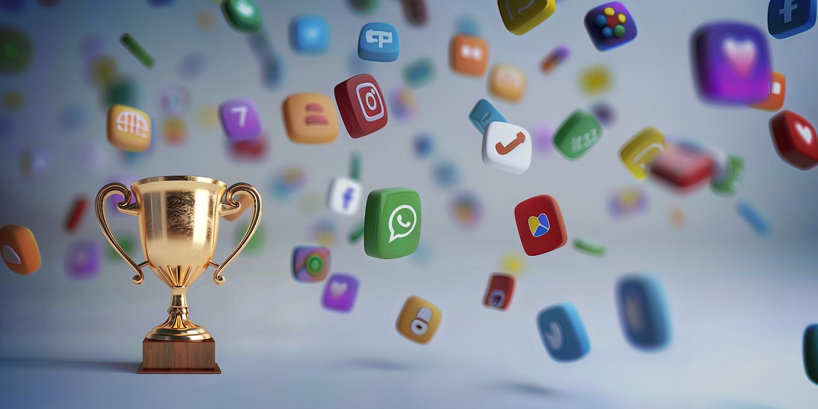 A trophy surrounded by floating app icons