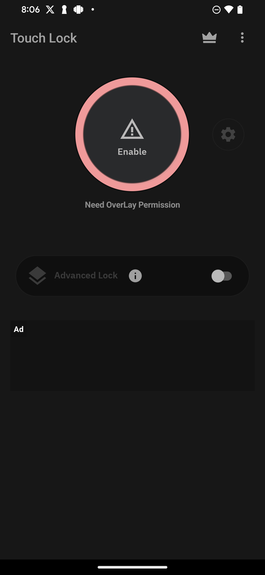 Touch Lock home page requesting for the required permissions