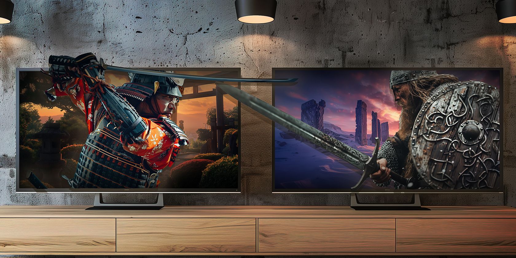 two warriors battle across two different televisions side by side