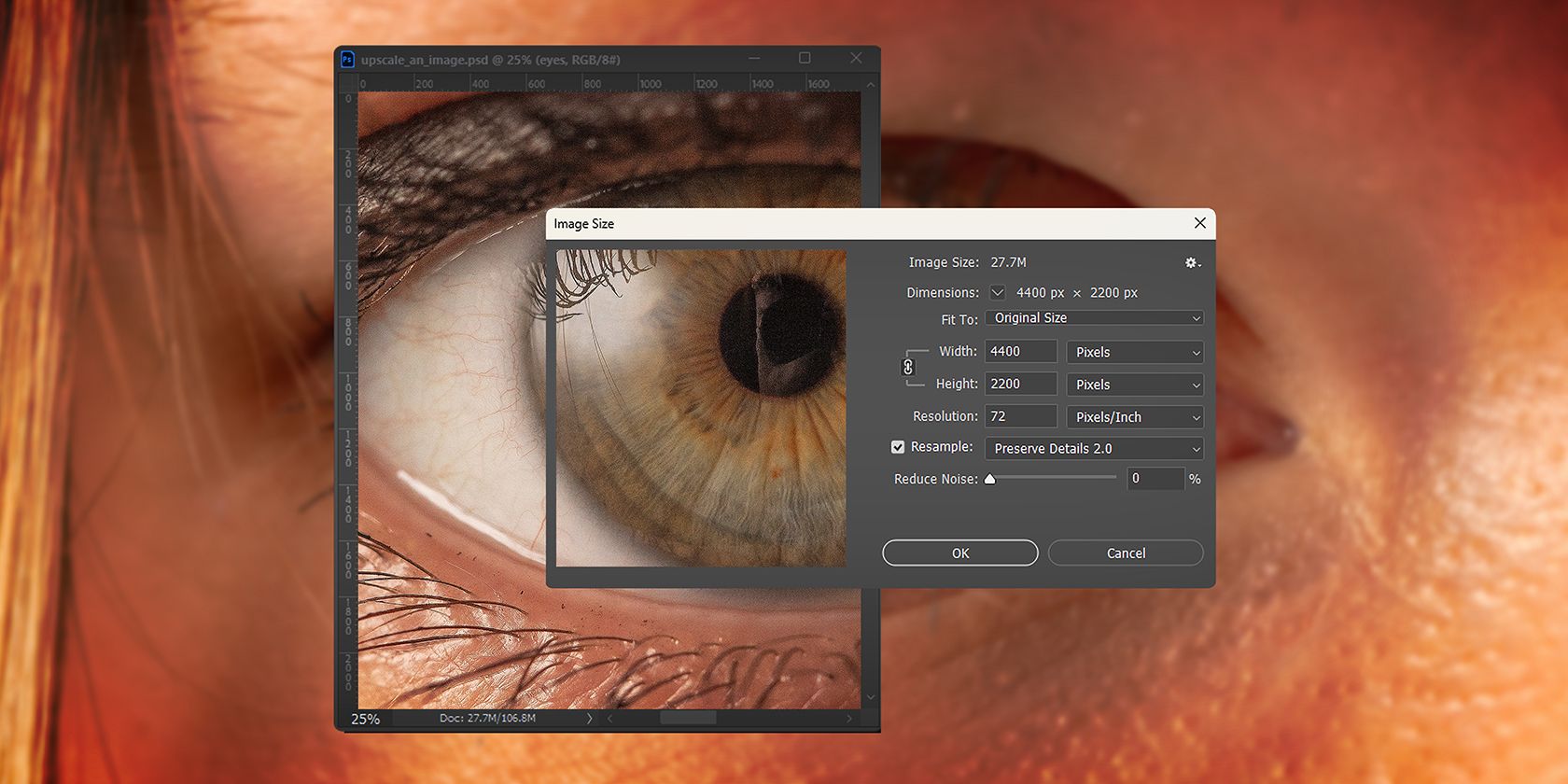 close-up of a human eye, overlaid with a graphic interface of an image editing software displaying the ‘Image Size’ settings