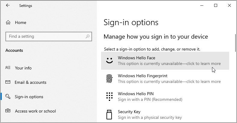 Viewing the Windows Hello options