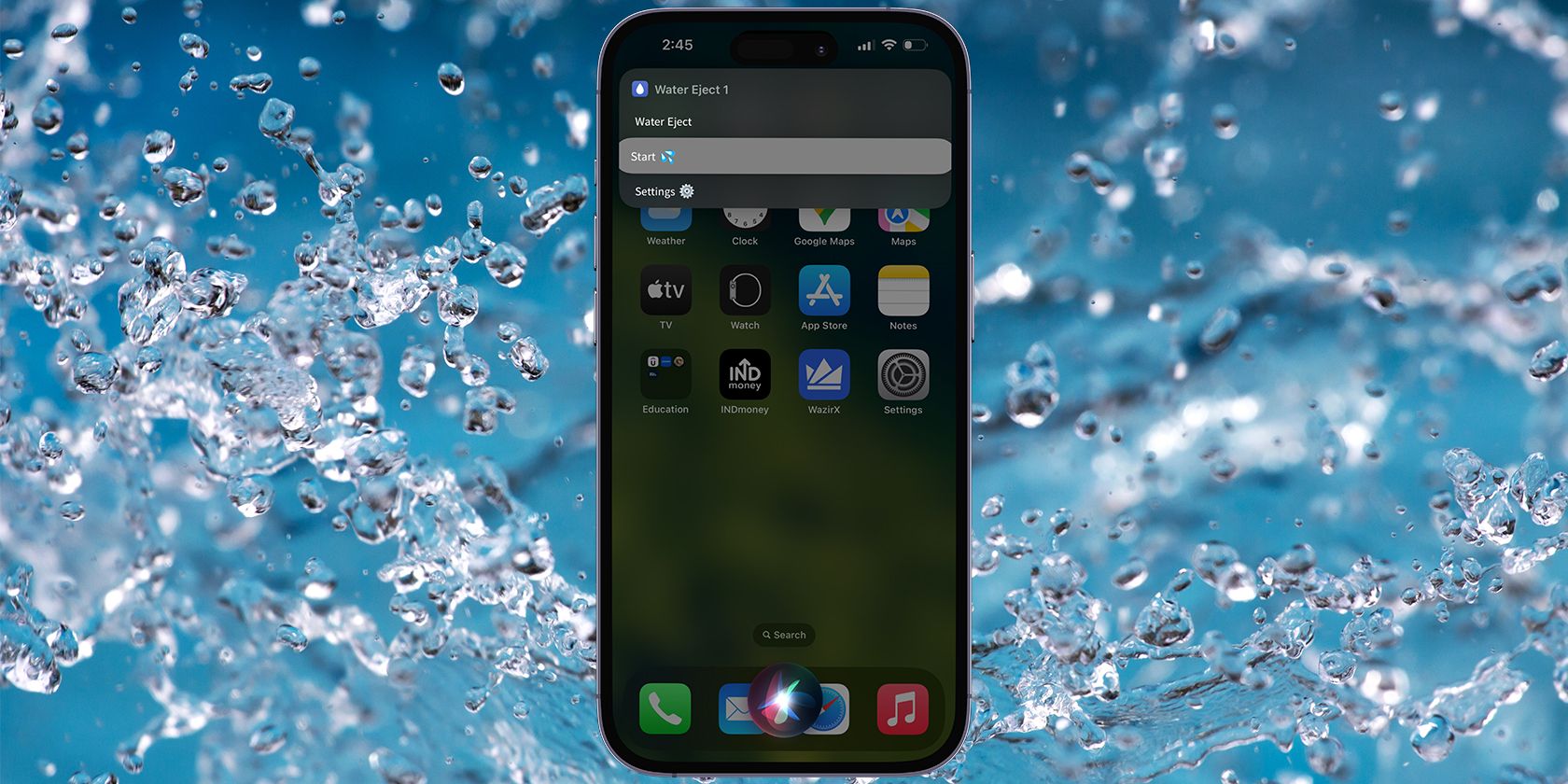 Water Eject shortcut running on an iPhone with water droplets in the background