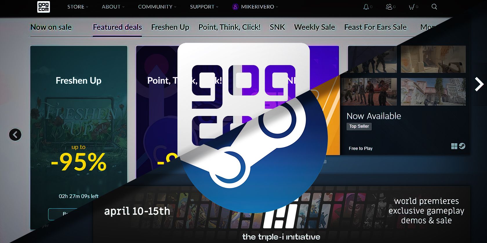 A GOG.com & Steam logo on a screen displaying game deals and upcoming event dates