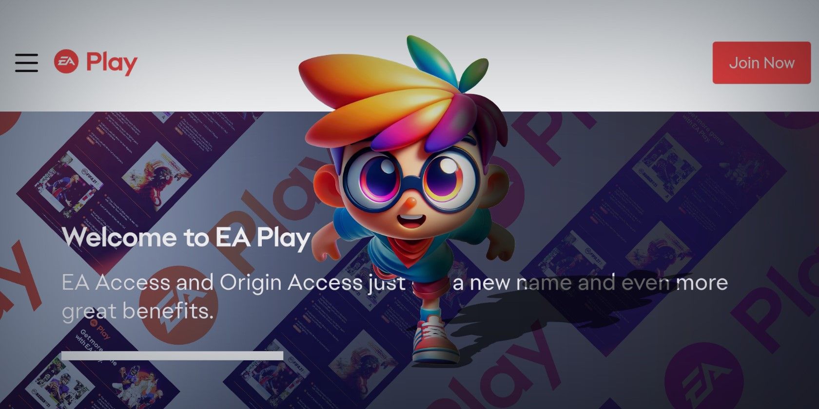  homepage for EA Play featuring a welcome message and an animated character