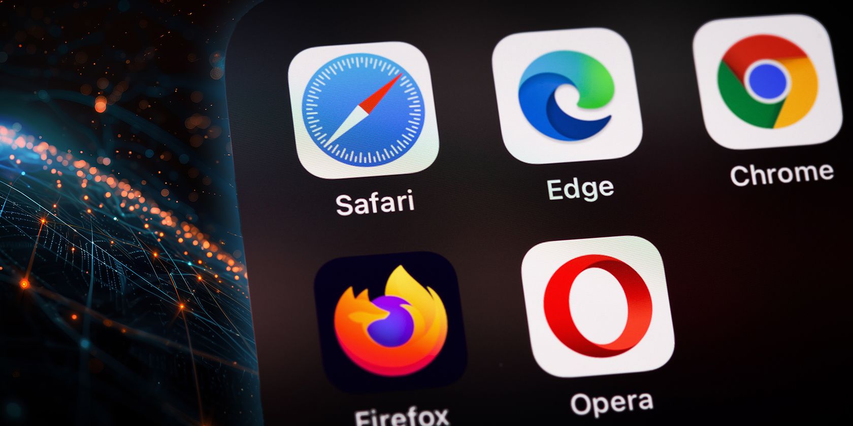 App icons for Safari, Edge, Chrome, Firefox, and Opera browsers on a digital device screen, with a network backdrop.