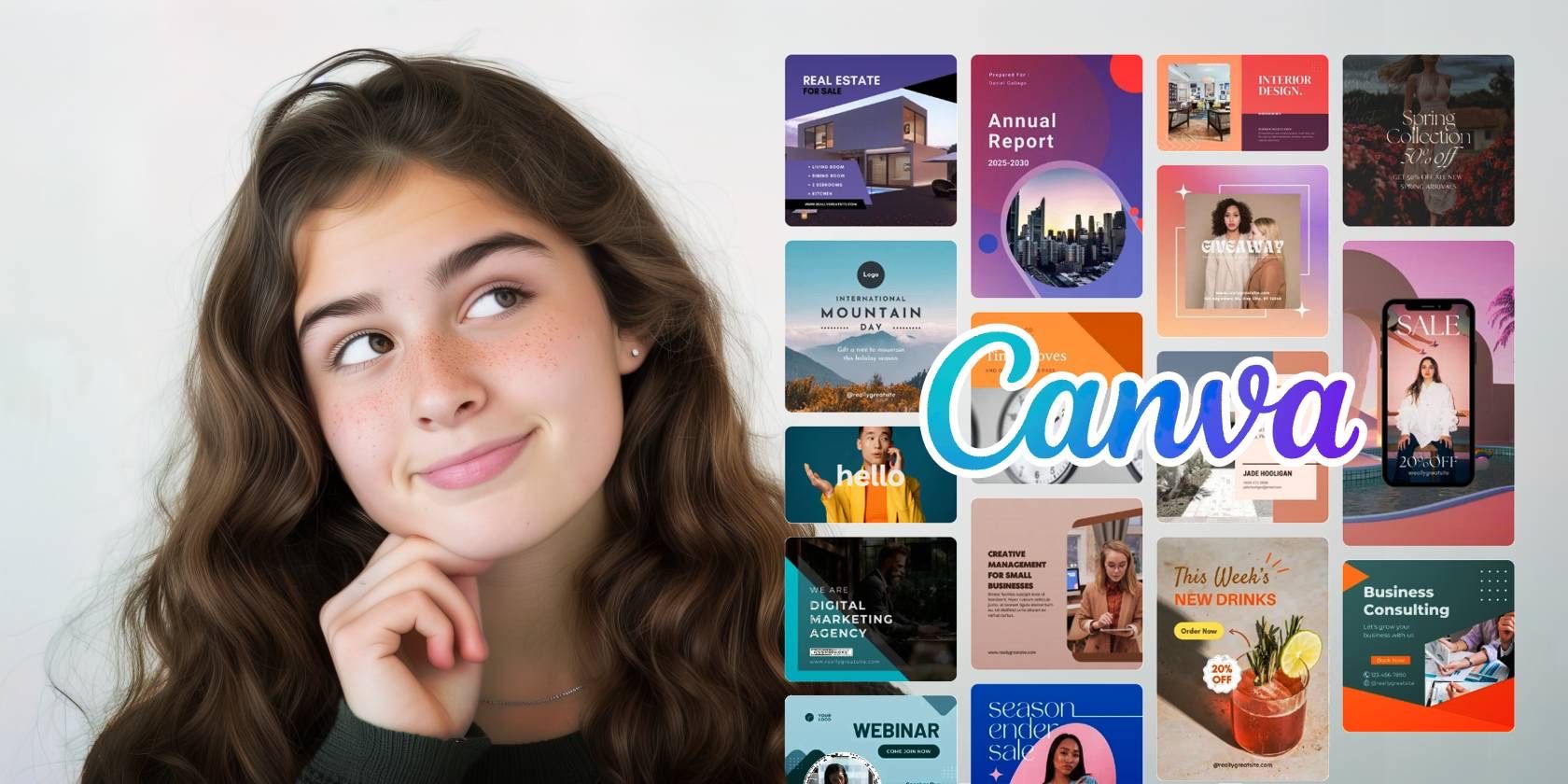 A young woman is pondering over a selection of colorful design templates and Canva logo that are displayed next to her
