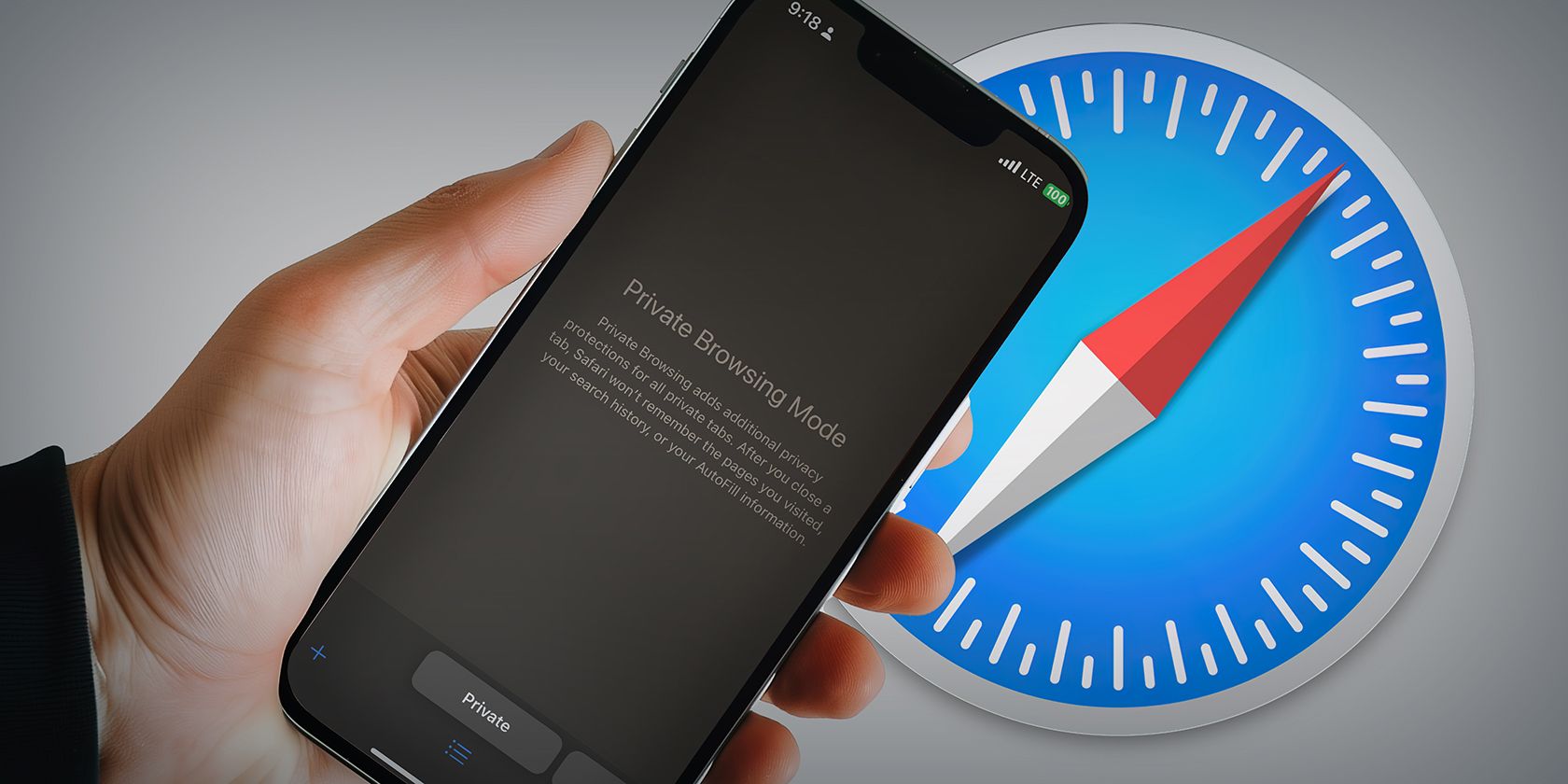 A phone displaying the Private Browsing Mode screen on Safari browser, held in a hand with a blurred compass dial in the background.