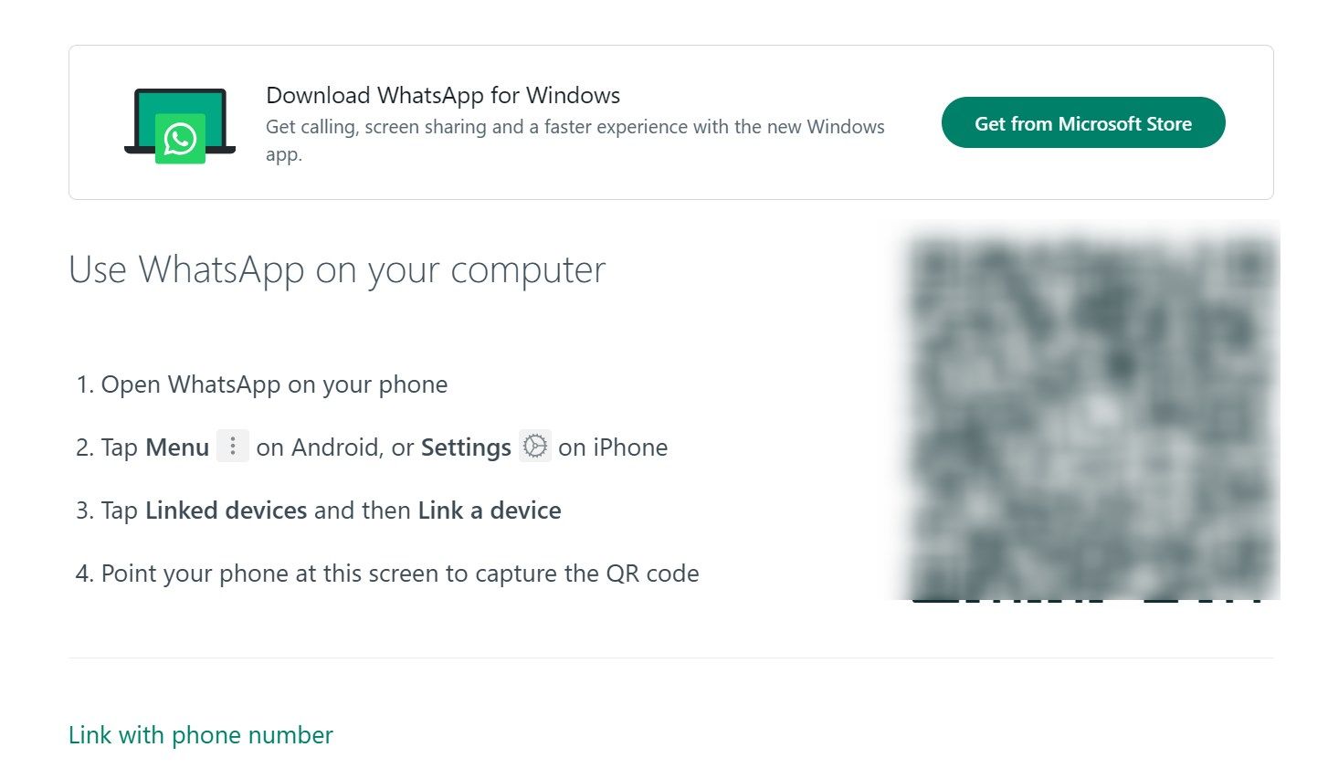 WhatsApp Web login page showing qr code to scan.