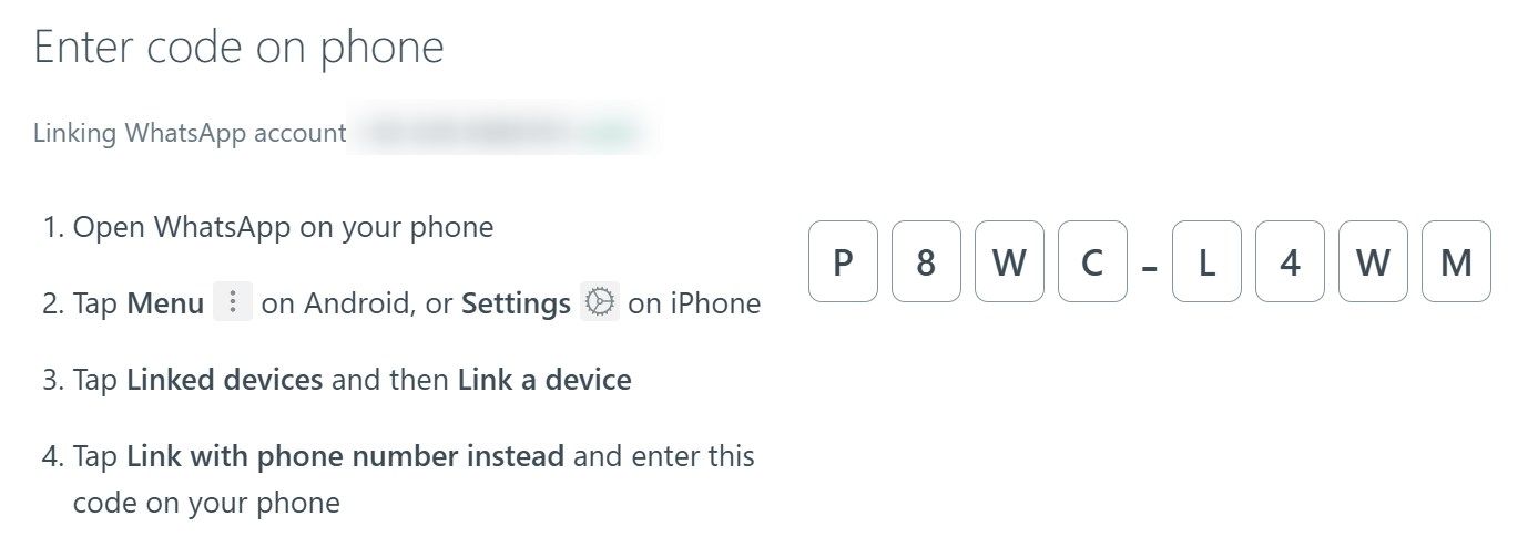 Linking WhatsApp account to WhatsApp web using a code.