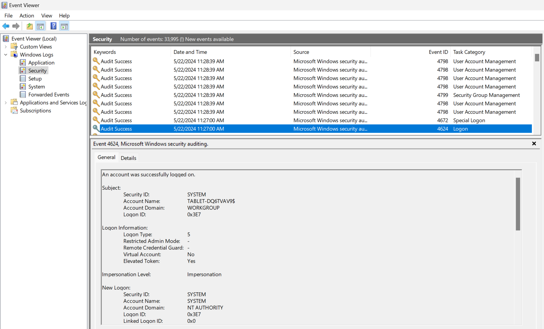 Exploring the logon event in the Event Viewer app on Windows.