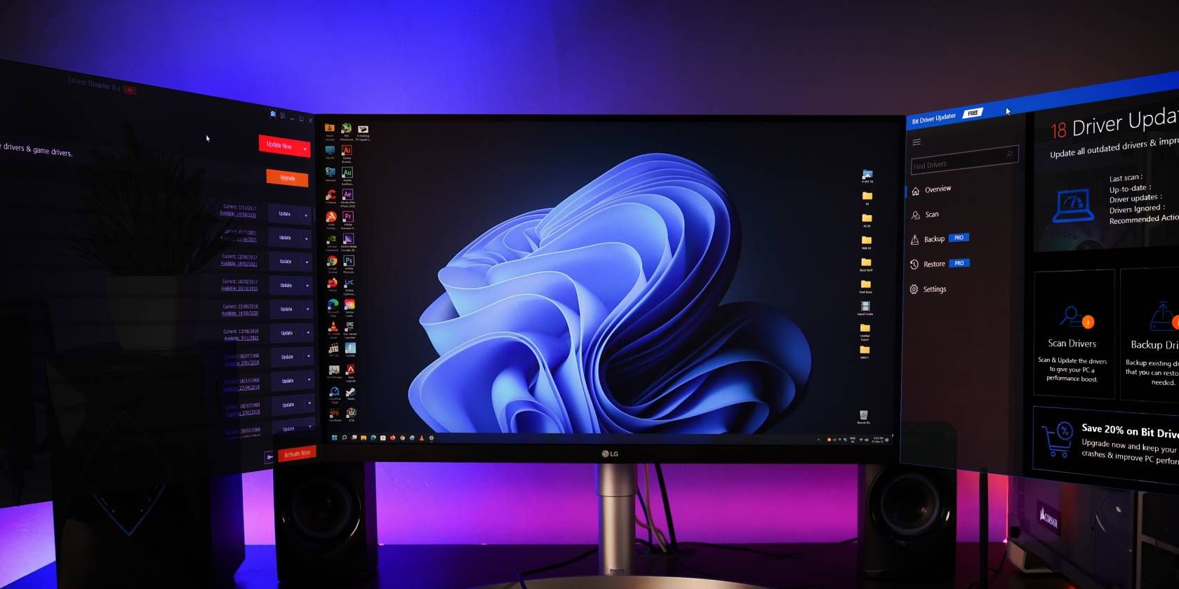 Monitor setup with Windows 11 wallpaper, featuring driver interface on the left and a driver update screen on the right.
