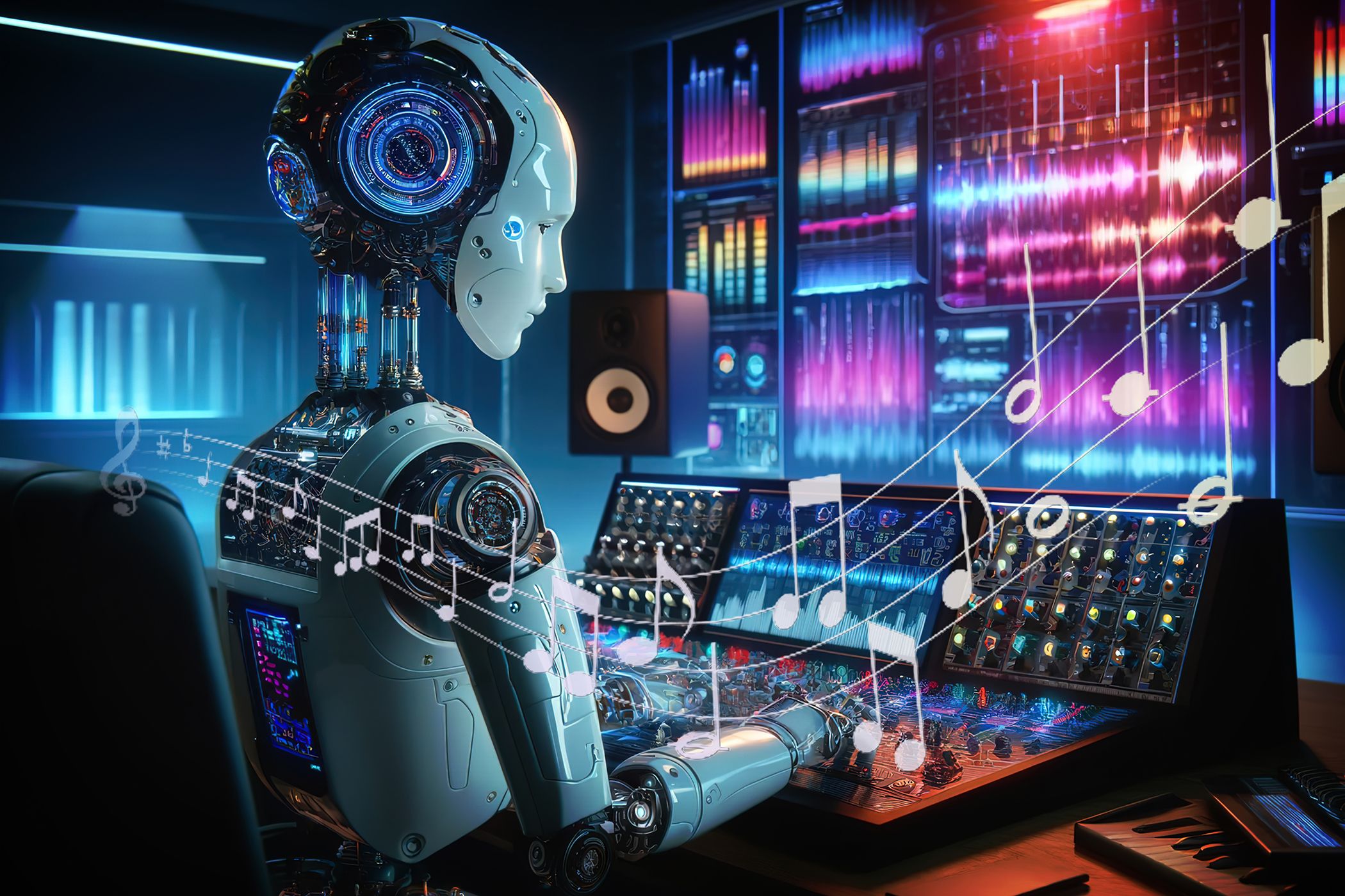 A robot using a mixer with musical notes overlayed