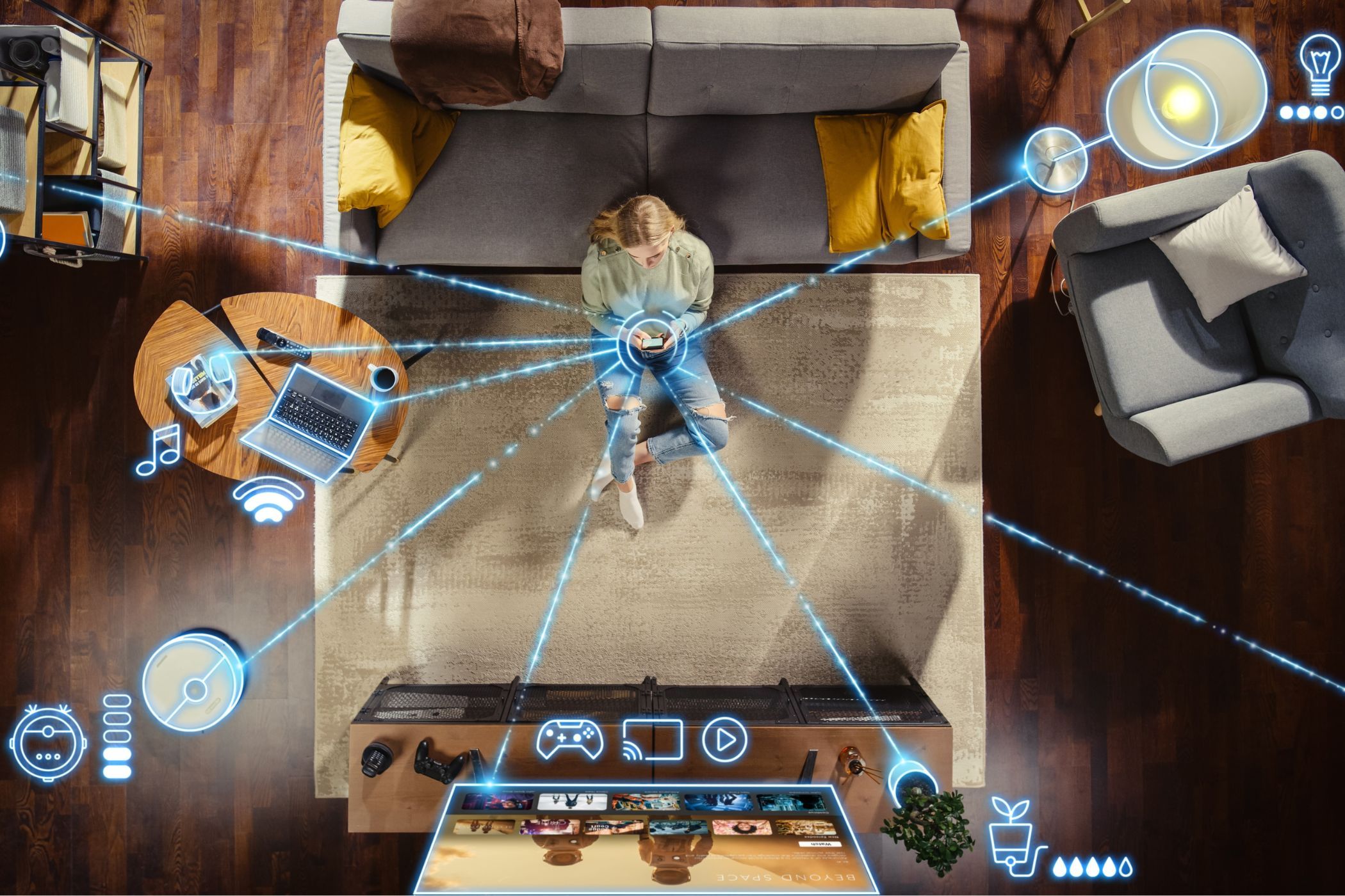 a woman using smart home devices with lines drawn between her smartphone and multiple devices