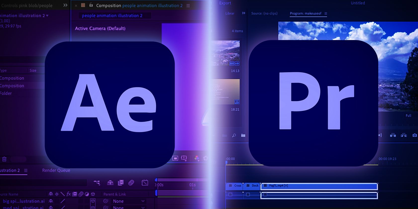 Adobe After Effects logo beside the Adobe Premiere Pro logo with their interfaces in the background