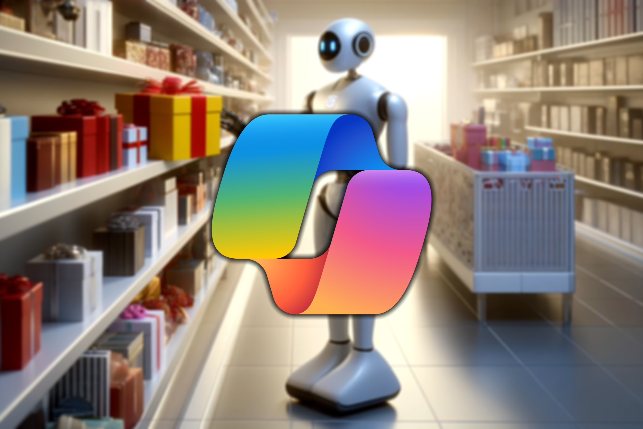 ai robot picking gifts from a shelf in a store
