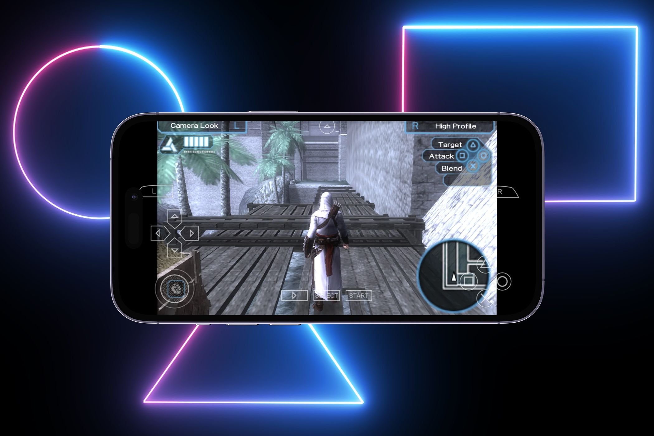 Assassins Creed Bloodines emulated using PPSSPP on an iPhone with PS icons in the background