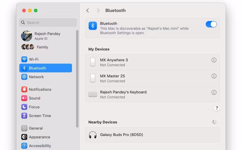 Bluetooth settings menu in macOS showing Galaxy Buds Pro under Nearby Devices