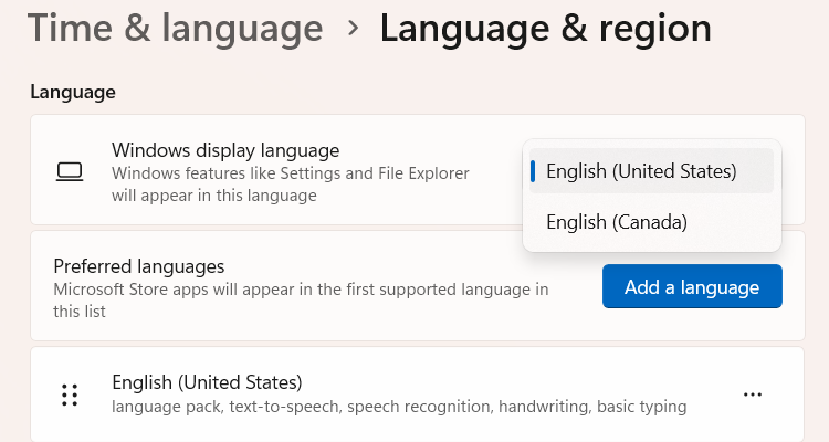 Changing the display language on Windows 11.