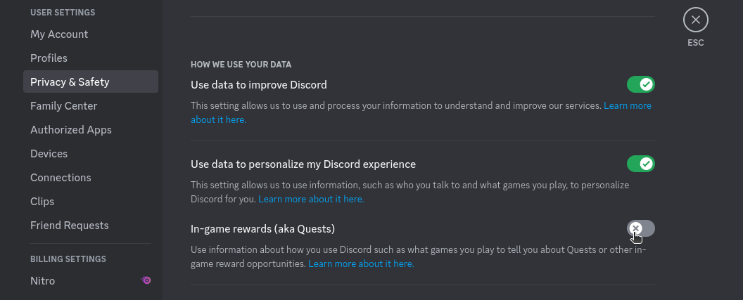 disabling ads in discord through privacy and safety settings