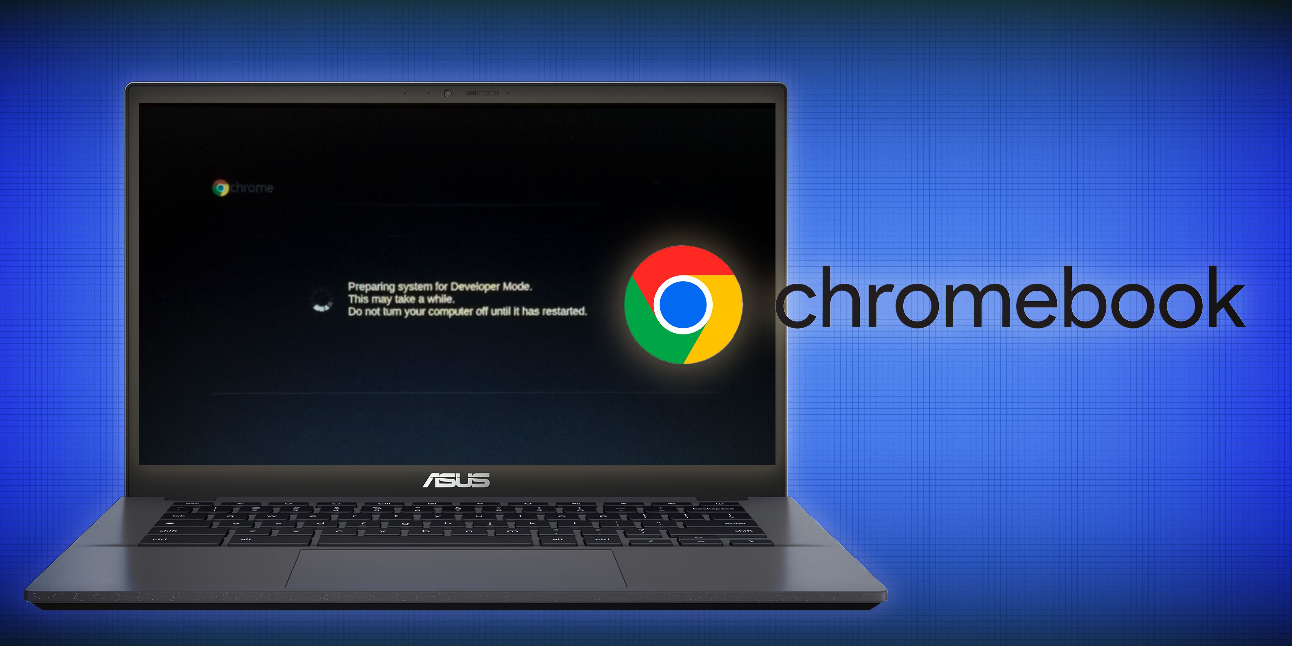 Asus Chromebook displaying a message about preparing for Developer Mode, with a Chrome OS logo and “chromebook” text on blue background.
