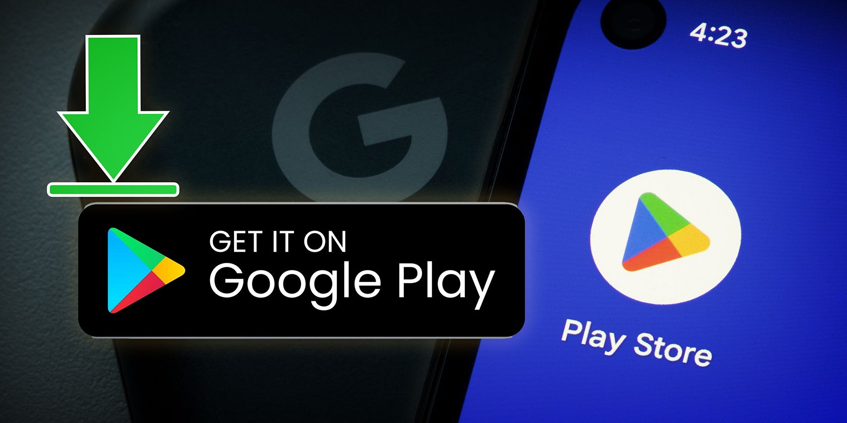 Smartphone screen displaying the Google Play Store logo with an arrow and the text 