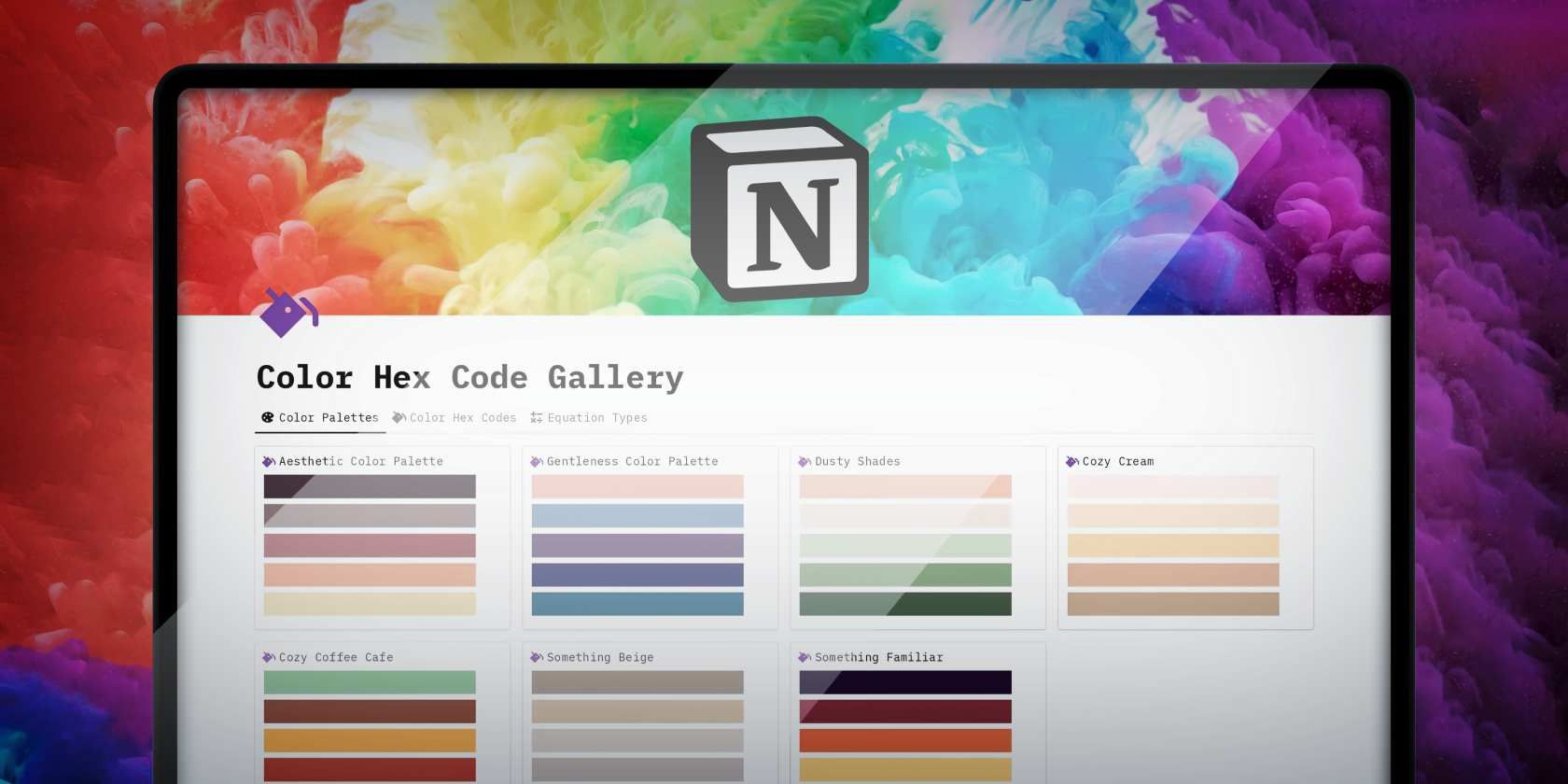 A laptop showing the Notion logo and “Color Hex Code Gallery interface” on a colorful background