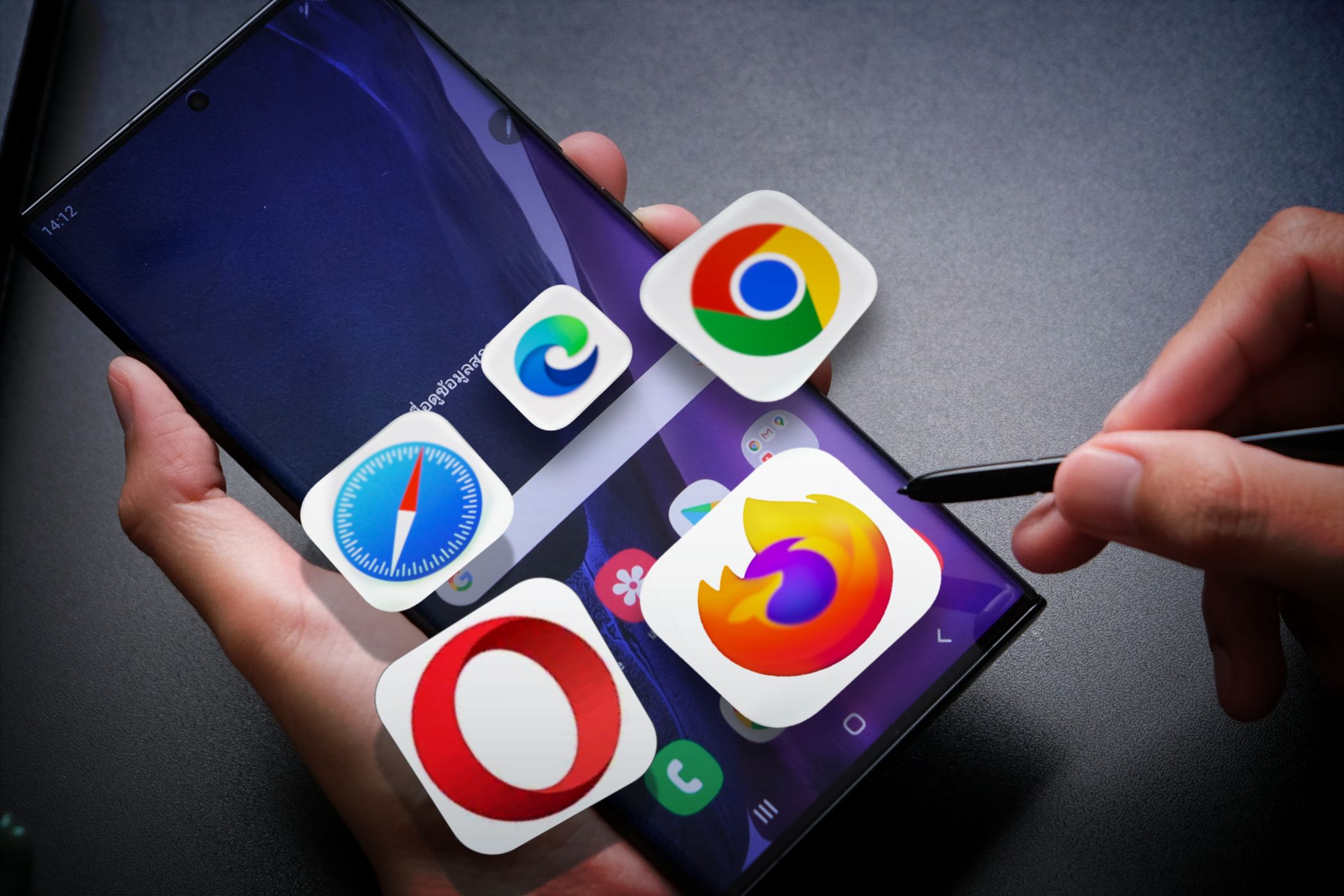 A phone displaying a home screen with different web browser logos floating