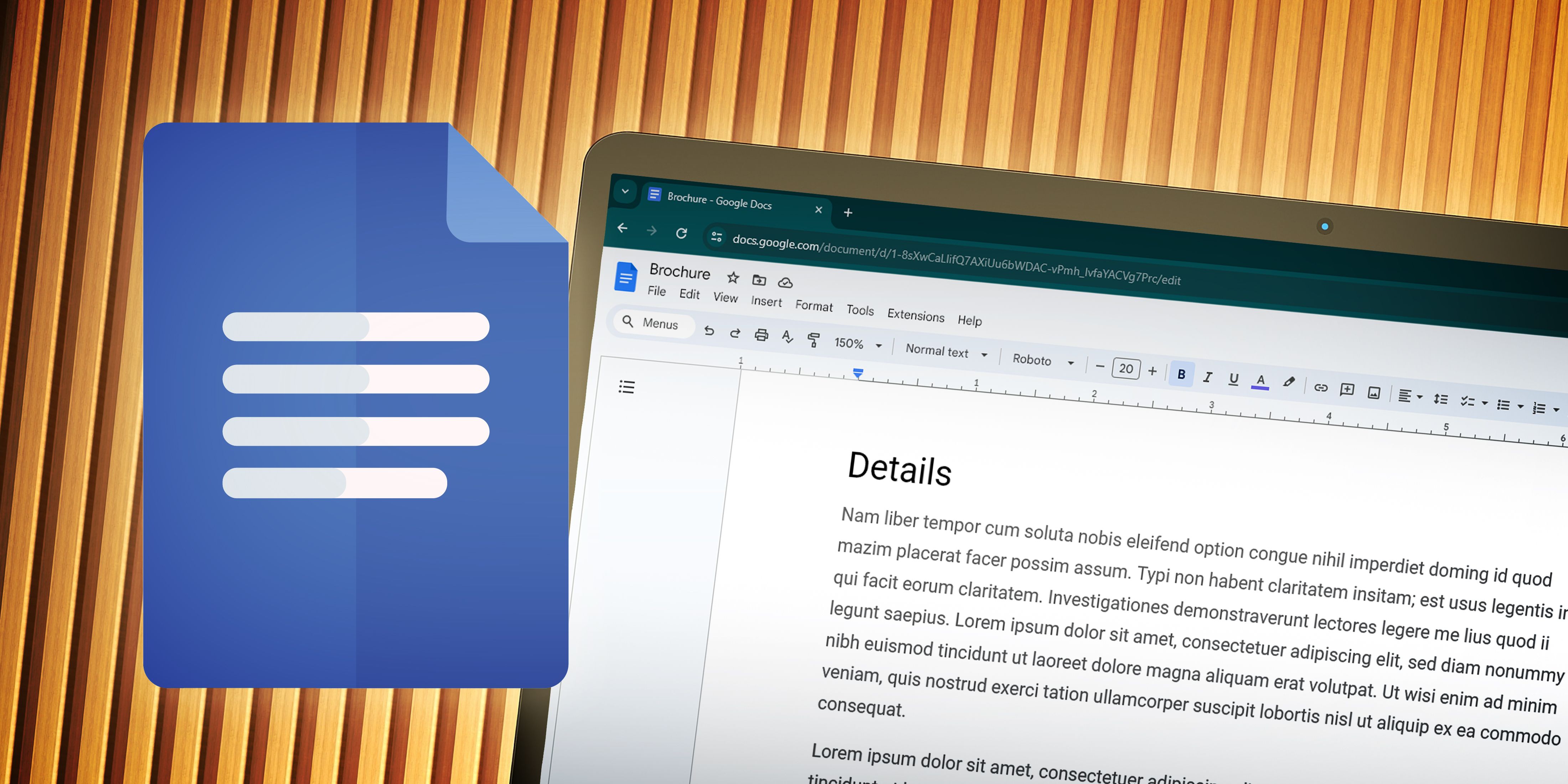 Laptop screen displaying a Google Docs document with a background icon of Google Docs