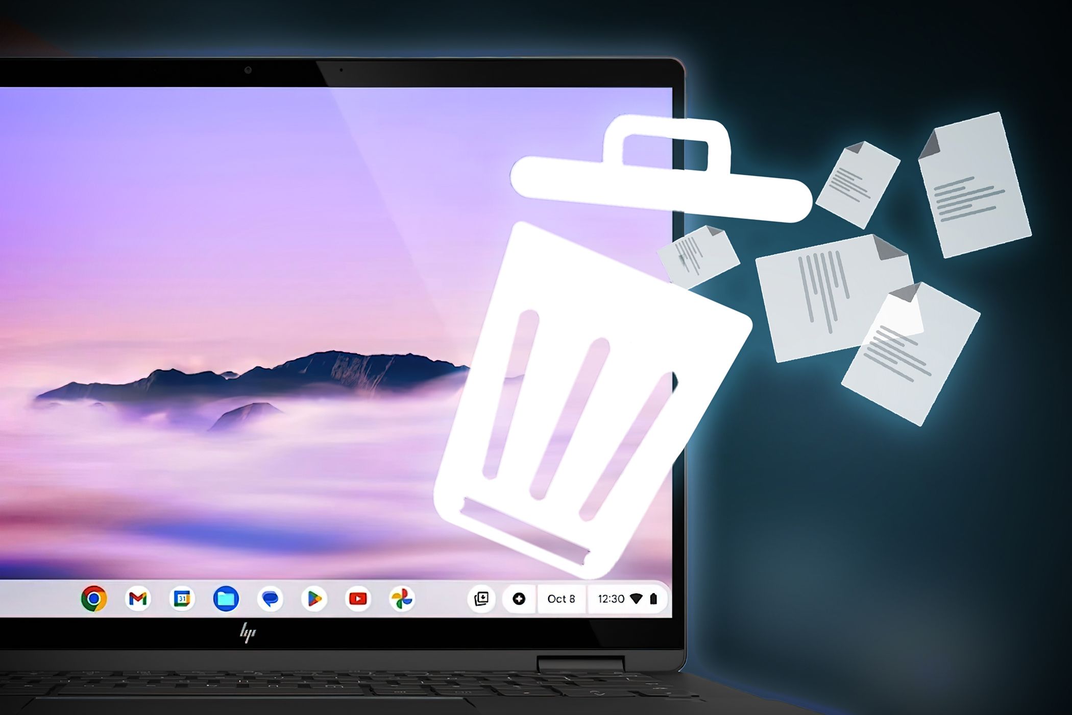 A chromebook and a trash icon overlayed