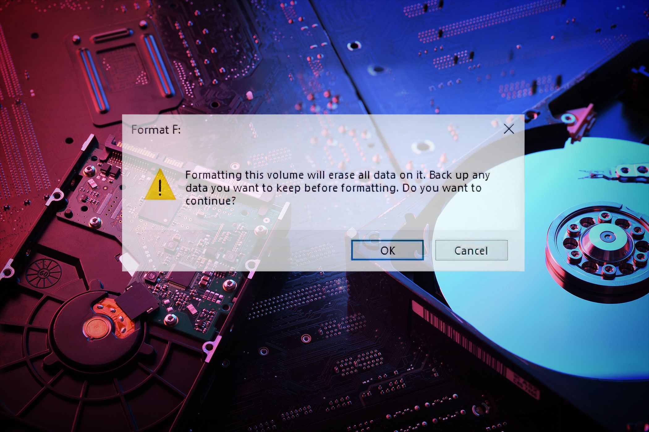 A formatting warning dialog on a computer screen, cautioning that all data will be erased, with a backdrop of hardware.