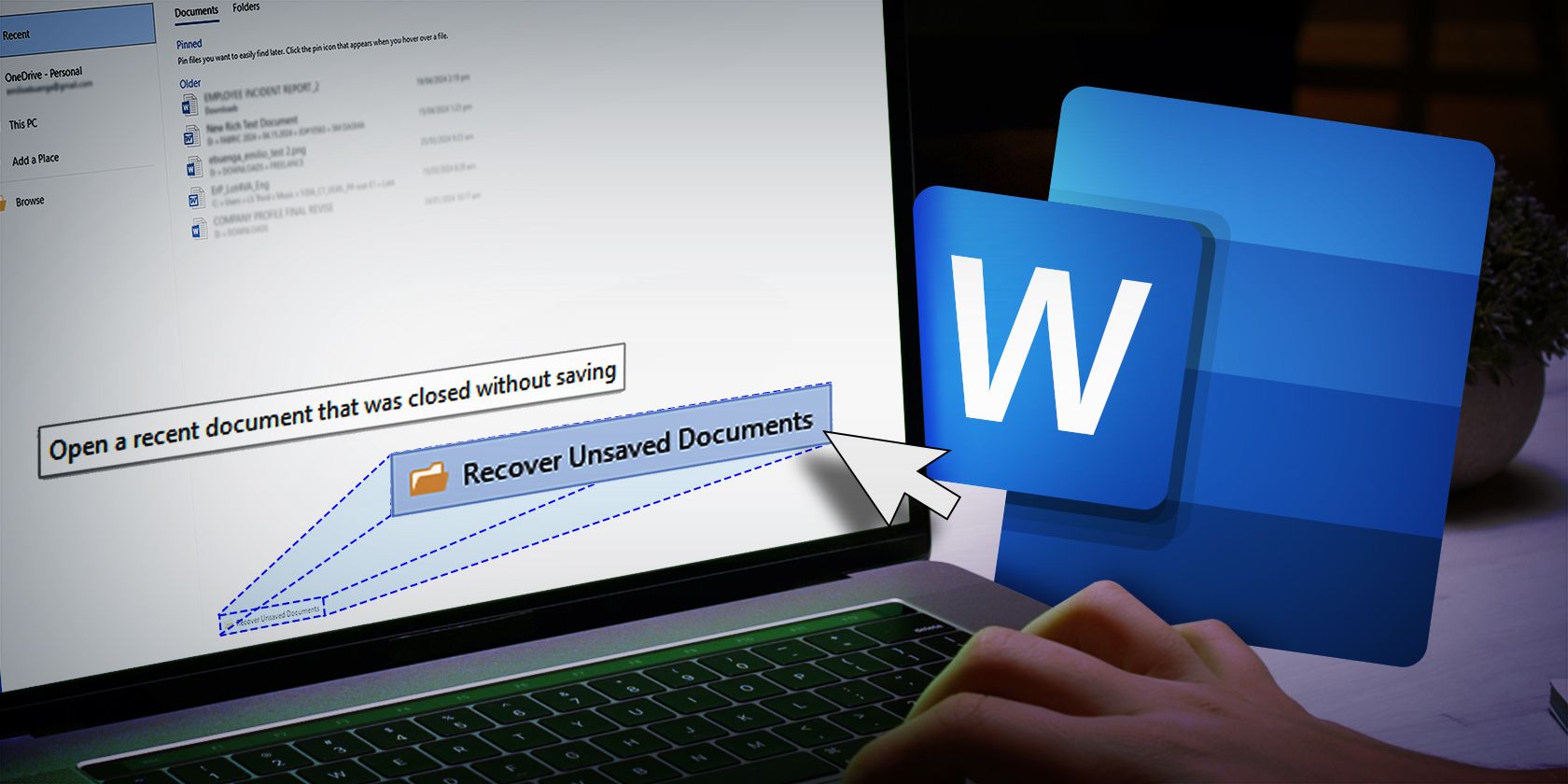 A laptop displaying the Microsoft Word documents interface, and a cursor clicking the “Recover Unsaved Documents” button, with the MS Word logo on the side