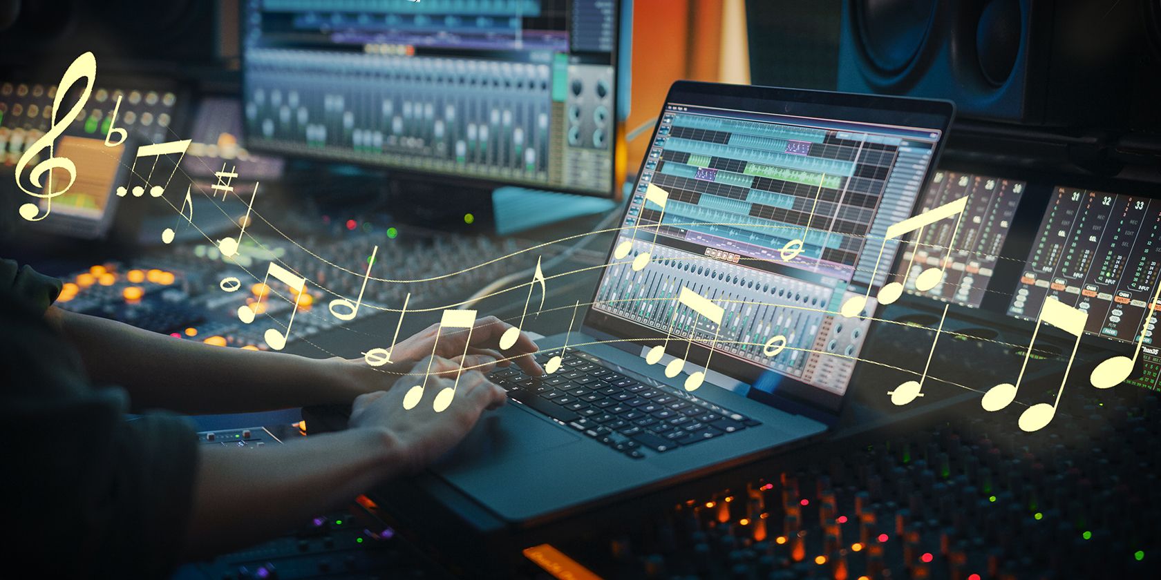 A person using a mixer with music notes overlay