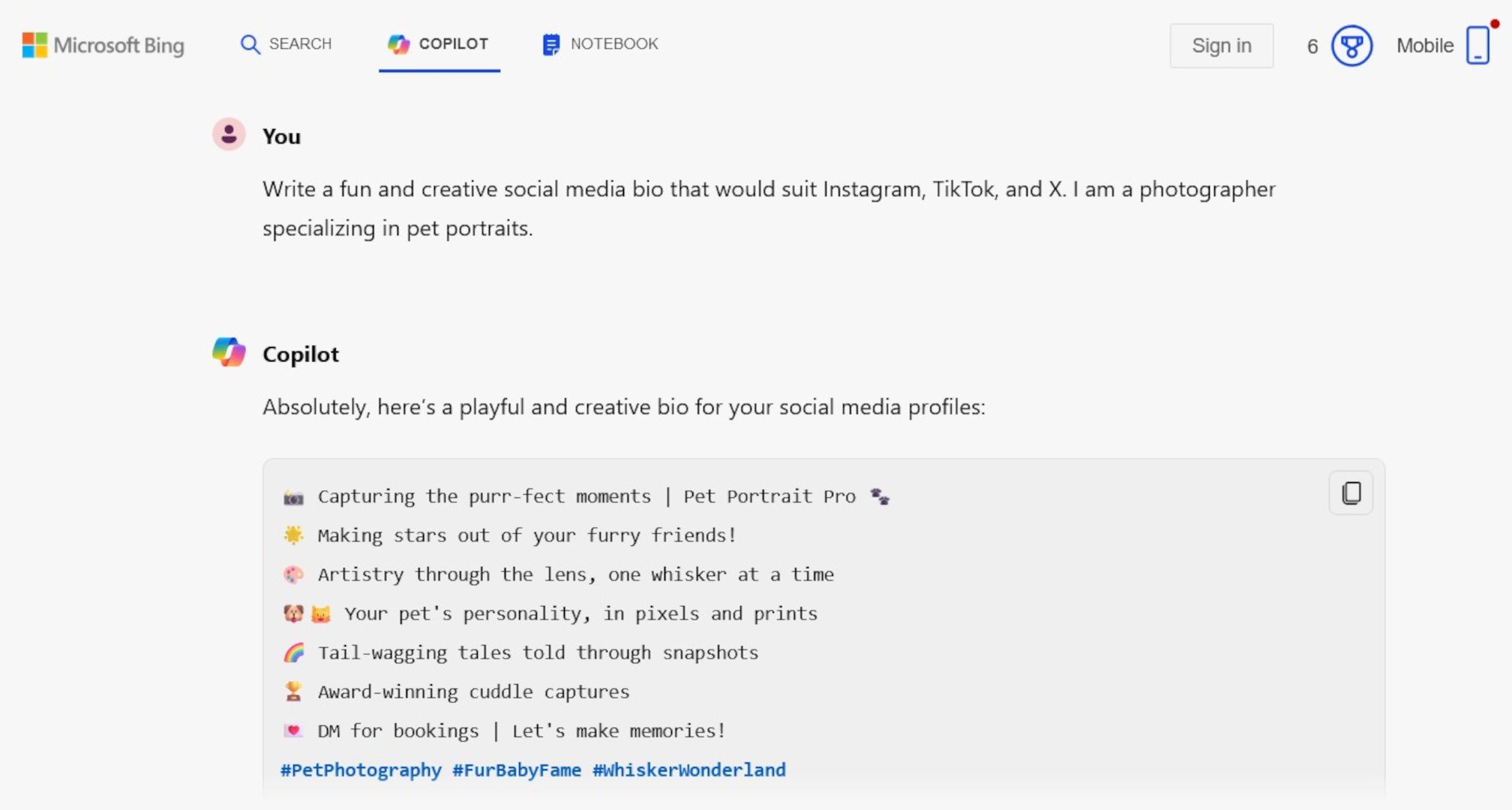 Microsoft Copilot Writing a Social Media Bio