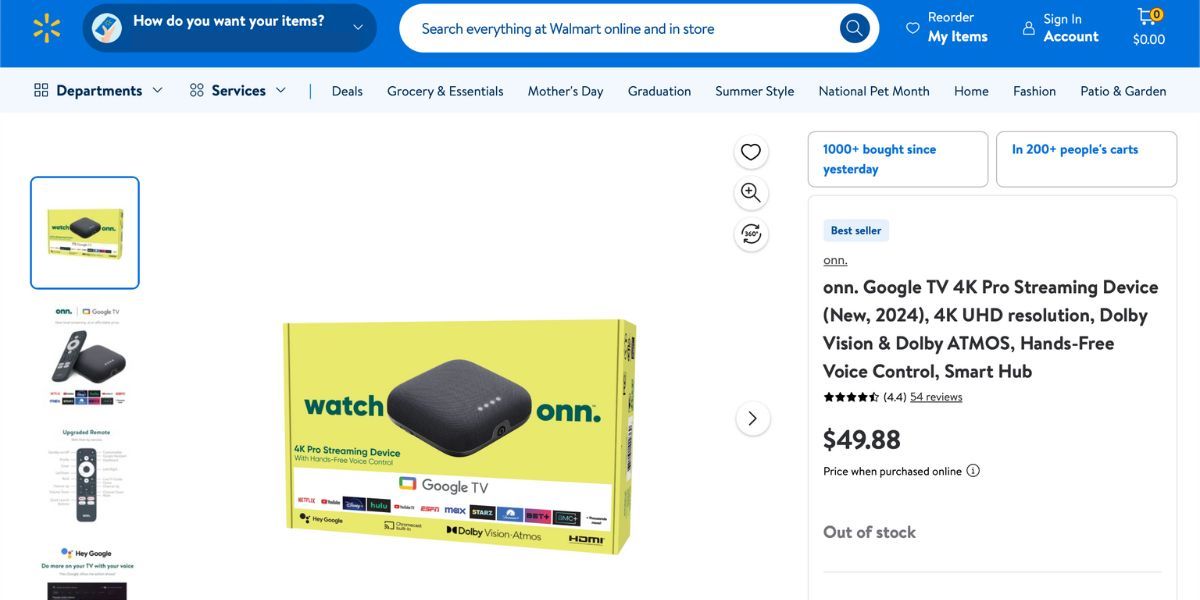 onn 4K Pro streaming device on Walmart website.